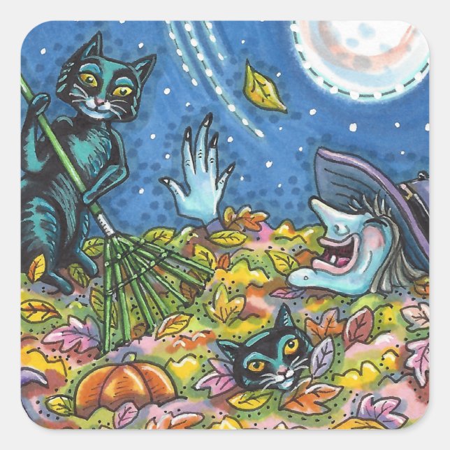 WITCH & BLACK CATS RAKING LEAVES, FUNNY HALLOWEEN SQUARE STICKER (Front)