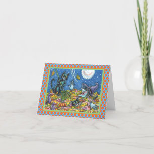 WITCH & BLACK CATS RAKING LEAVES HALLOWEEN CARD
