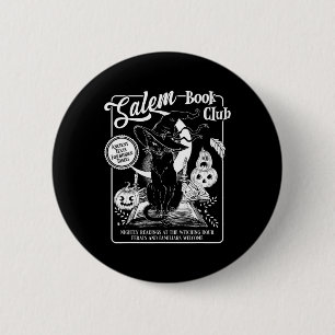 Witch Book Club Bookish Retro Halloween Black Cat Button