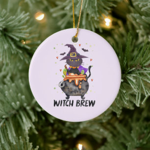 Witch Brew – Halloween Witch Cat in a Cauldron Ceramic Ornament