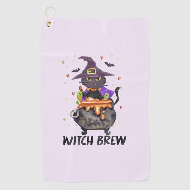 Witch Brew – Halloween Witch Cat in a Cauldron Golf Towel (Front)