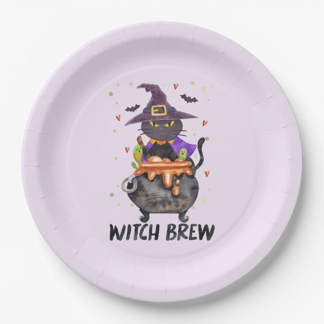 Witch Brew – Halloween Witch Cat in a Cauldron Paper Plates (Front)
