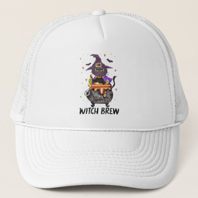 Witch Brew – Halloween Witch Cat in a Cauldron Trucker Hat (Front)