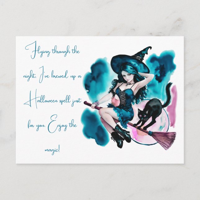 Witch Brewed a Spell Black Cat Halloween Holiday Postcard (Front)