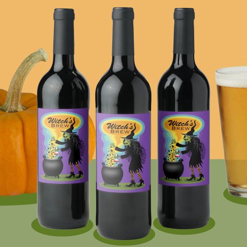 Witch Brewing Bubbling Potion In Cauldron Wine Label