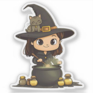 Witch Brewing Potion with Kitty on Hat Sticker