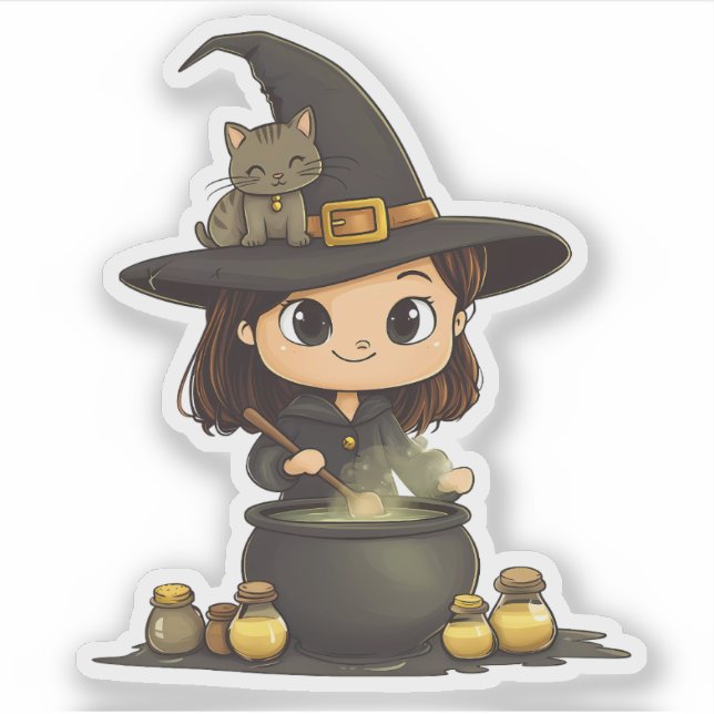 Witch Brewing Potion with Kitty on Hat Sticker (Front)