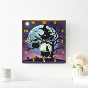 Witch brewing potions on Halloween night Square Wall Clock