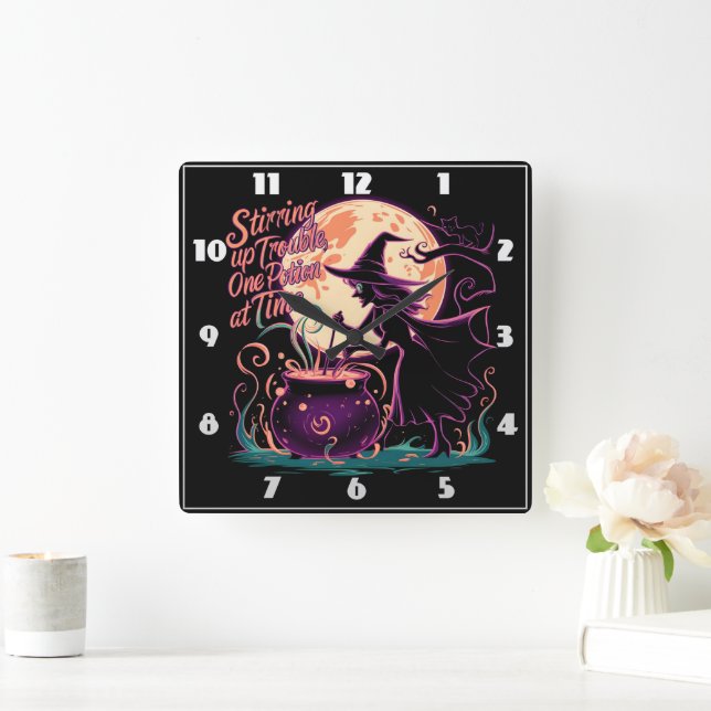 Witch brewing potions under a full moon square wall clock (Home)