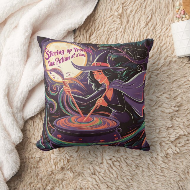 Witch brewing potions under a full moon throw pillow (Blanket)