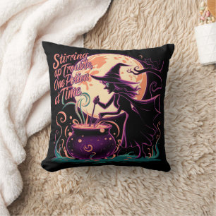 Witch brewing potions under a full moon throw pillow