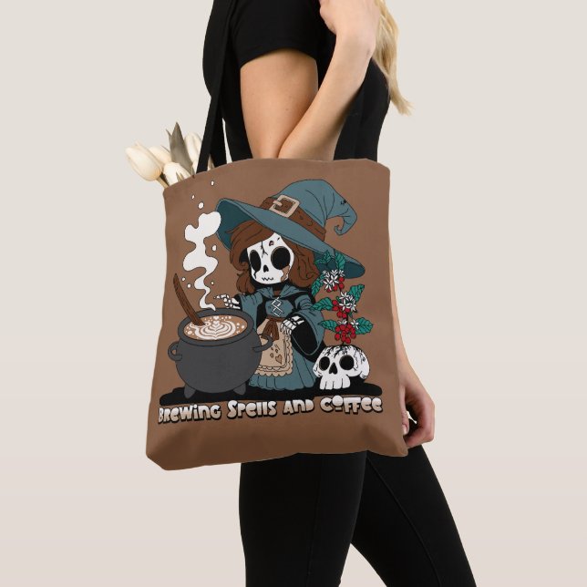 Witch Brewing up Spells and Coffee Tote Bag (Close Up)