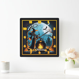 Witch brews in moonlit Halloween forest Square Wall Clock