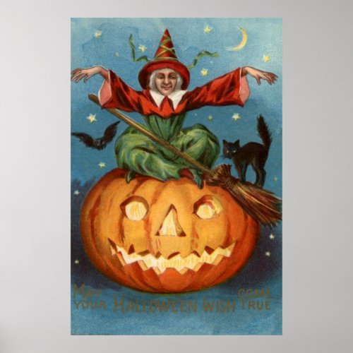 Witch Broom Black Cat Jack O Lantern Owl Poster