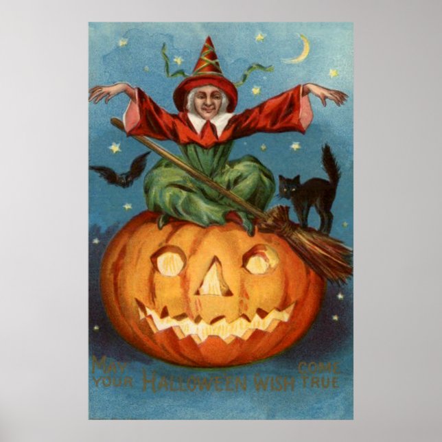 Witch Broom Black Cat Jack O Lantern Owl Poster (Front)