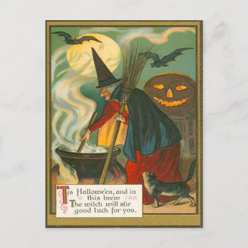 Witch Broom Caldron Jack O Lantern Bat Cat Postcard