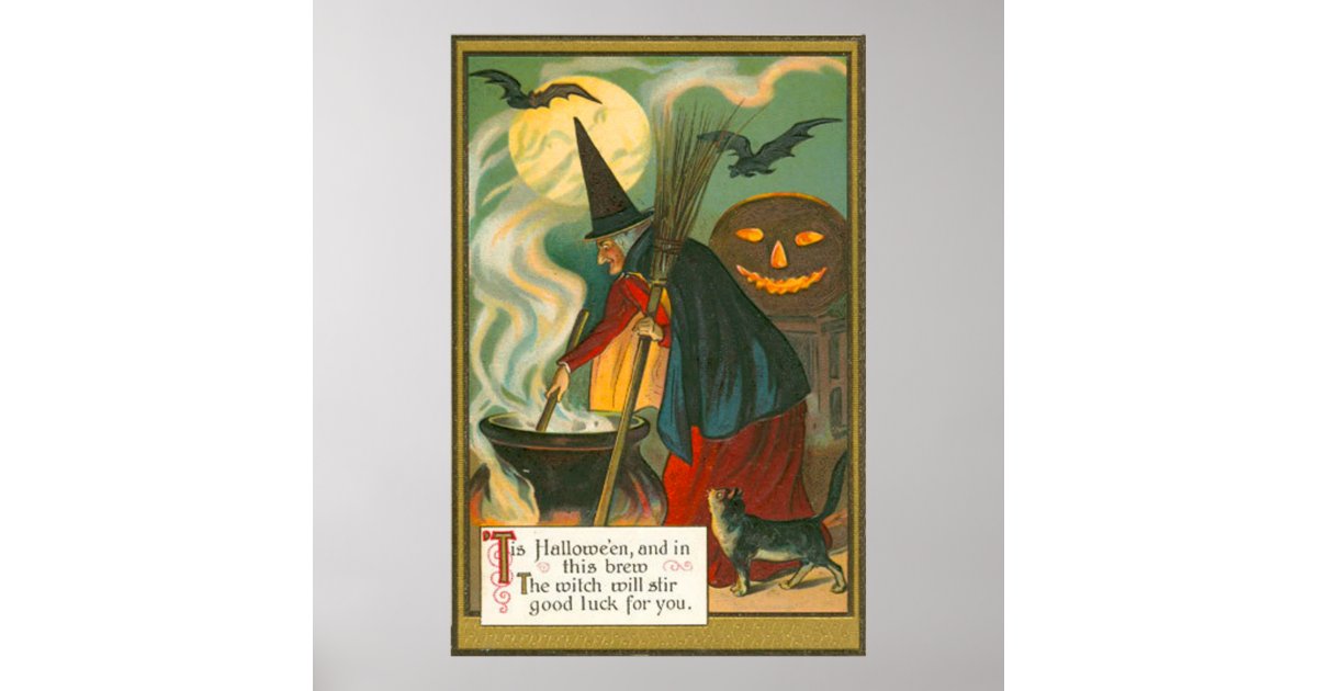 Witch Broom Caldron Jack O Lantern Bat Cat Poster | Zazzle