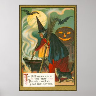 Witch Broom Cauldron Jack O Lantern Bat Cat Poster