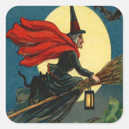 Witch Broom Flying Black Cat Bat Square Sticker