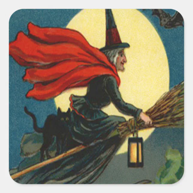 Witch Broom Flying Black Cat Bat Square Sticker | Zazzle