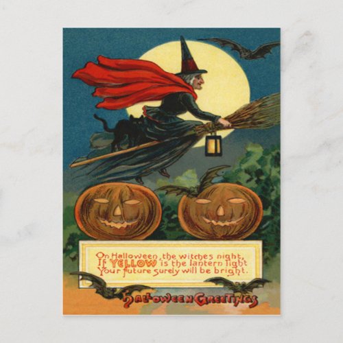 Witch Broom Flying Jack O Lantern Black Cat Bat Postcard