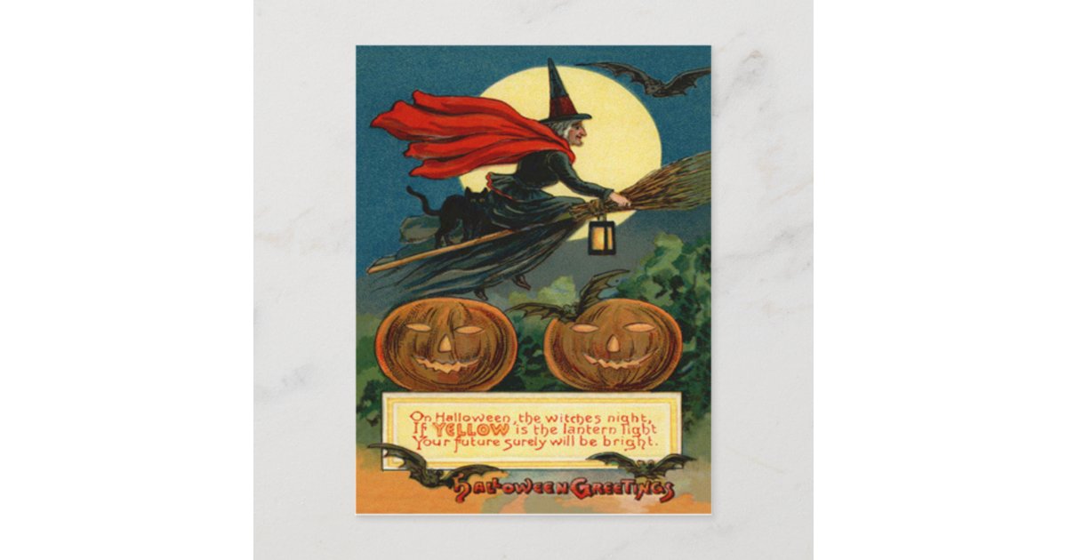 Witch Broom Flying Jack O Lantern Black Cat Bat Postcard | Zazzle