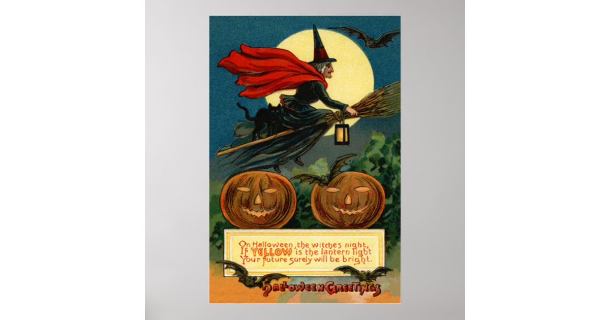 Witch Broom Flying Jack O Lantern Black Cat Bat Poster | Zazzle