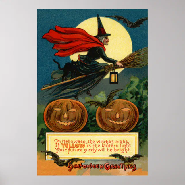 Witch Broom Flying Jack O Lantern Black Cat Bat Poster | Zazzle