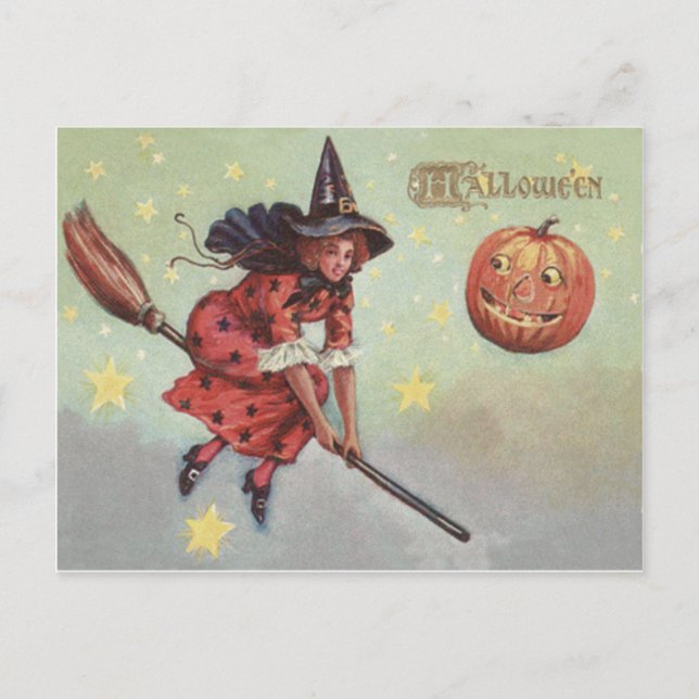 Witch Broom Jack O Lantern Flying Stars Postcard (Front)