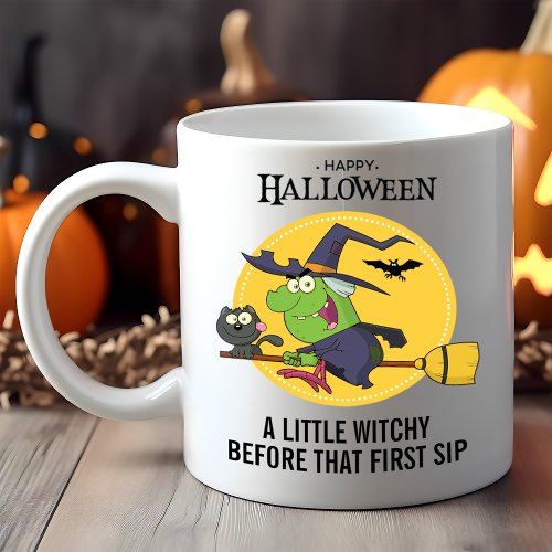 Witch Broomstick Cat Halloween Mug