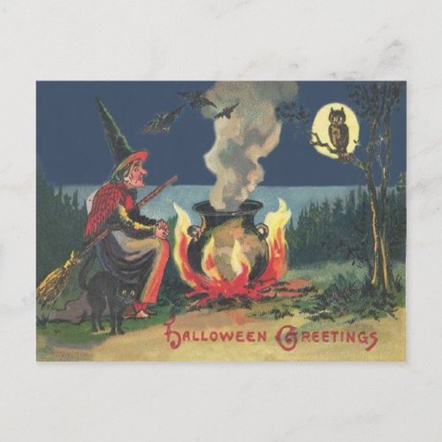 Witch Caldron Black Cat Bat Postcard