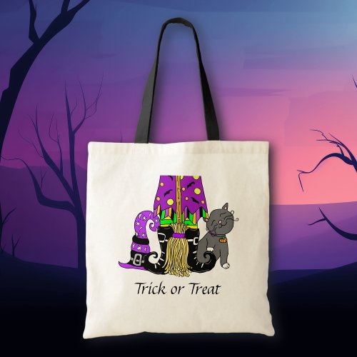 Witch Cat and Broomstick Halloween Trick or Treat Tote Bag