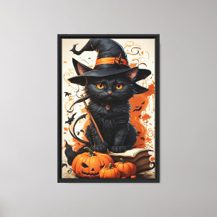 Witch Cat and Pumpkins Framed Canvas Wall Art