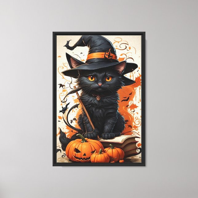 Witch Cat and Pumpkins Framed Canvas Wall Art (Front)