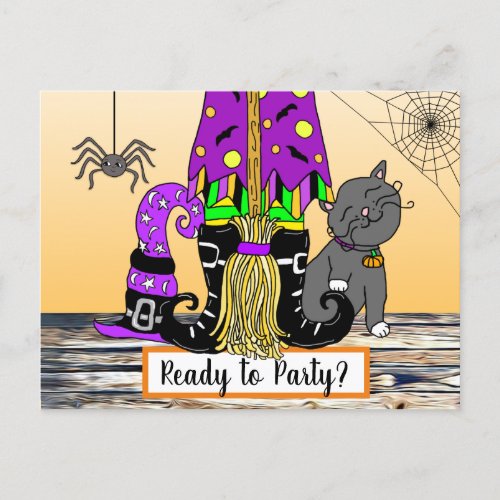 Witch Cat and Spiderweb Cute Halloween Invitation Postcard