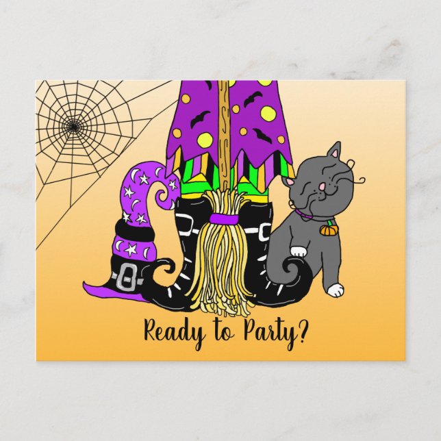 Witch, Cat and Spiderweb Cute Halloween Invitation Postcard (Front)