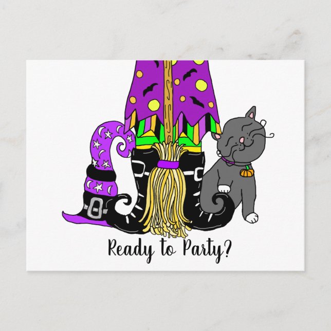 Witch, Cat and Spiderweb Cute Halloween Invitation Postcard (Front)