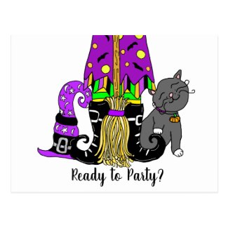 Witch, Cat and Spiderweb Cute Halloween Invitation Postcard
