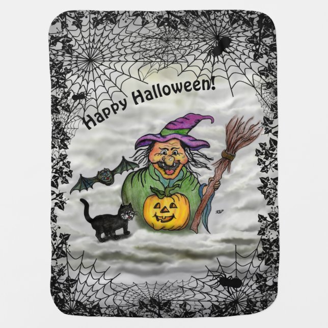 Witch , Cat , Bat and Pumpkin , Happy Halloween ! Baby Blanket (Front)