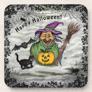 Witch , Cat , Bat and Pumpkin , Happy Halloween ! Beverage Coaster