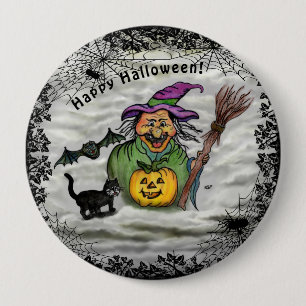 Witch , Cat , Bat and Pumpkin , Happy Halloween ! Button