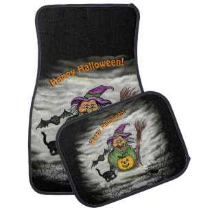 Witch , Cat , Bat and Pumpkin , Happy Halloween ! Car Floor Mat