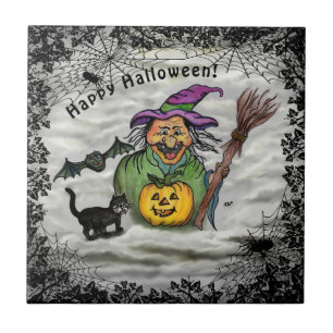 Witch , Cat , Bat and Pumpkin , Happy Halloween ! Ceramic Tile