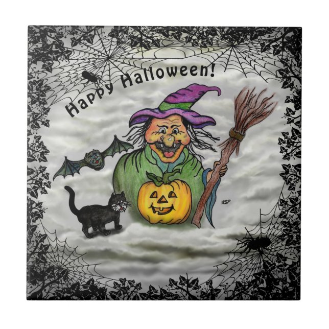 Witch , Cat , Bat and Pumpkin , Happy Halloween ! Ceramic Tile (Front)