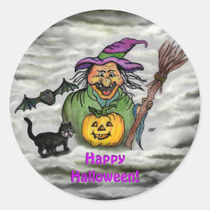 Witch , Cat , Bat and Pumpkin , Happy Halloween ! Classic Round Sticker