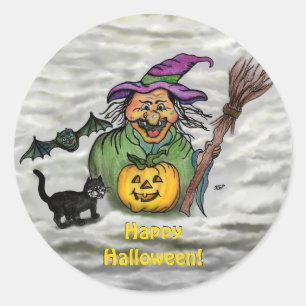 Witch , Cat , Bat and Pumpkin , Happy Halloween ! Classic Round Sticker