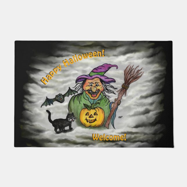 Witch , Cat , Bat and Pumpkin , Happy Halloween ! Doormat (Front)