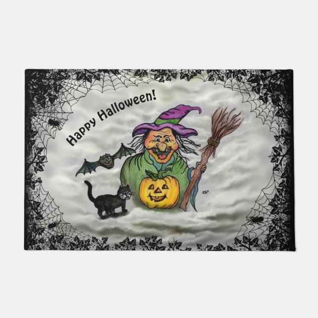 Witch , Cat , Bat and Pumpkin , Happy Halloween ! Doormat (Front)