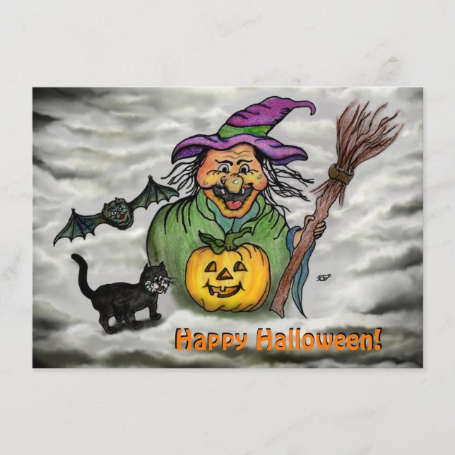 Witch , Cat , Bat and Pumpkin , Happy Halloween ! Enclosure Card (Front)