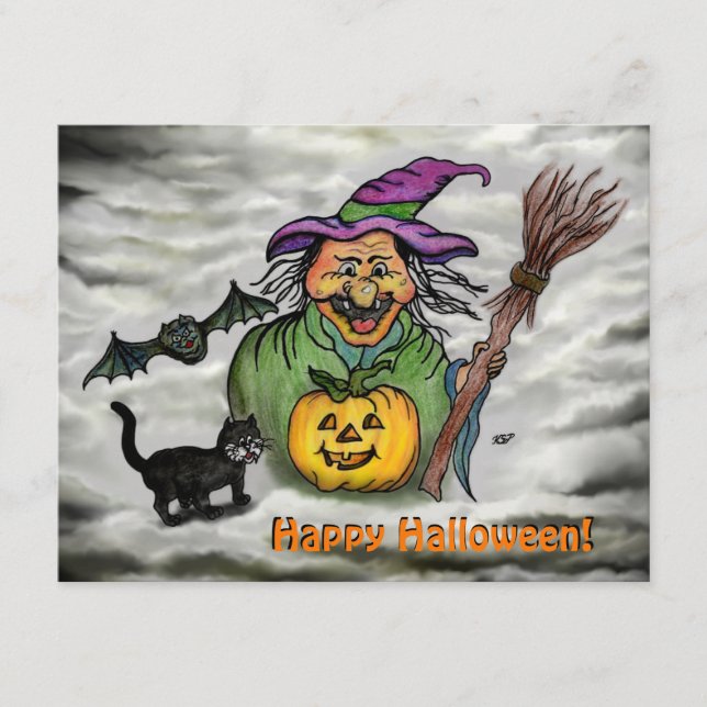 Witch , Cat , Bat and Pumpkin , Happy Halloween ! Enclosure Card (Front)